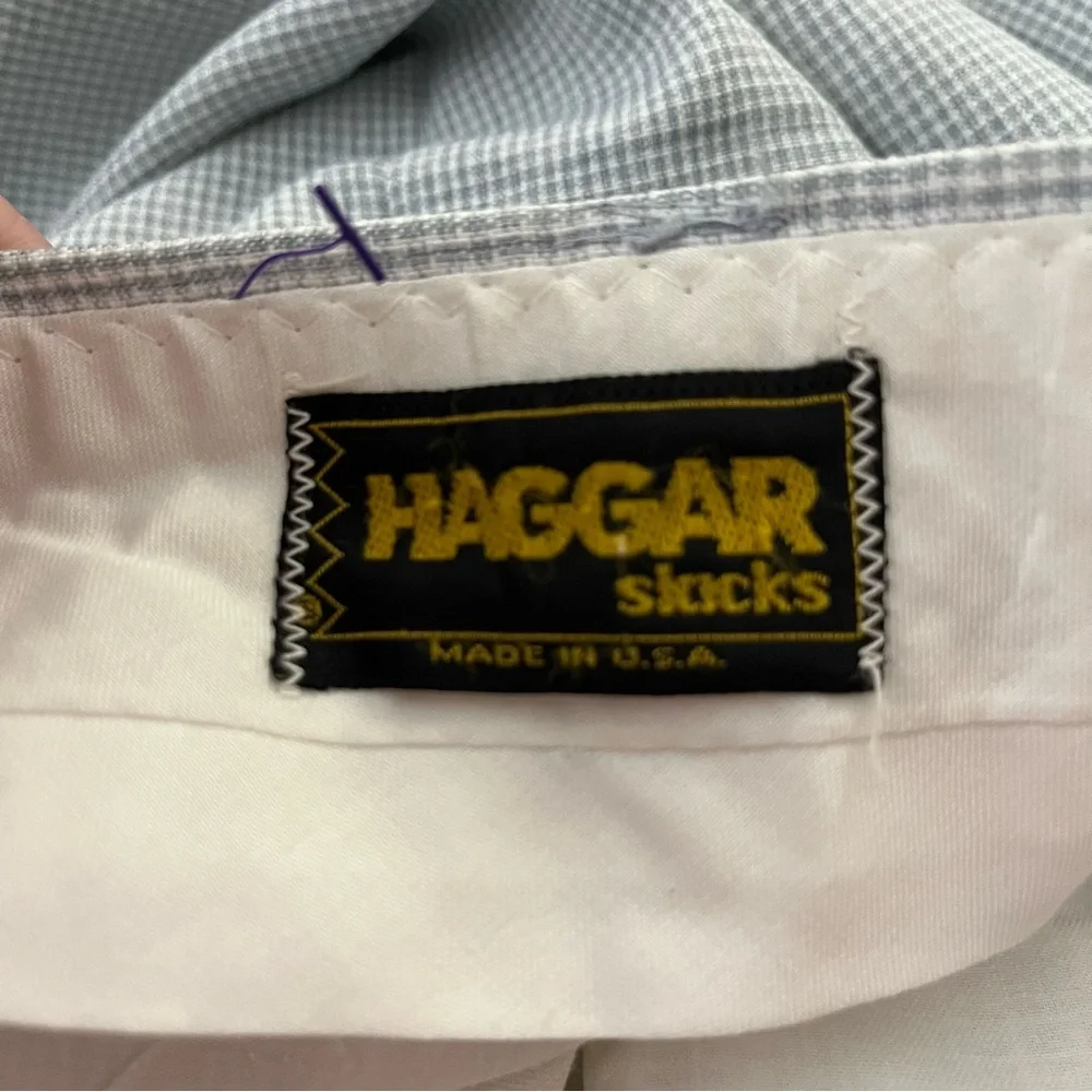 Vintage 70s Haggar Slacks Pleated Front Micro Check Baby Blue White 34x32